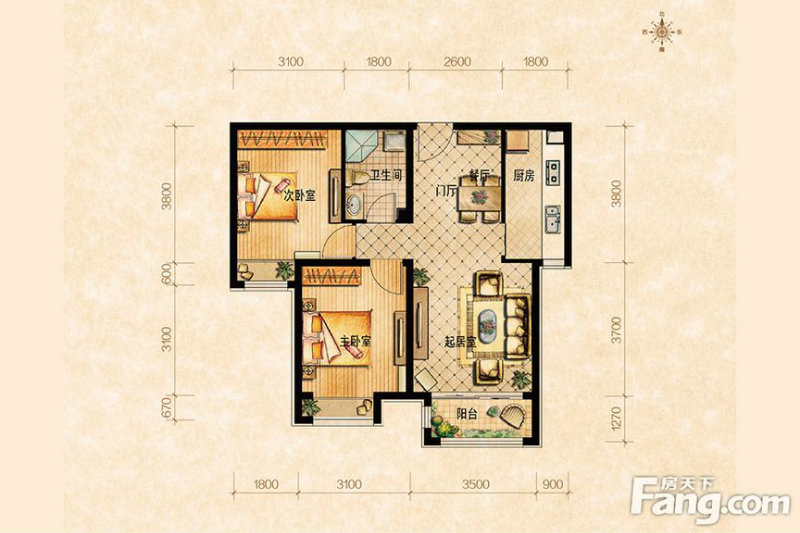 廊坊2室2厅1卫80㎡-浩庭花园户型图-买房大师