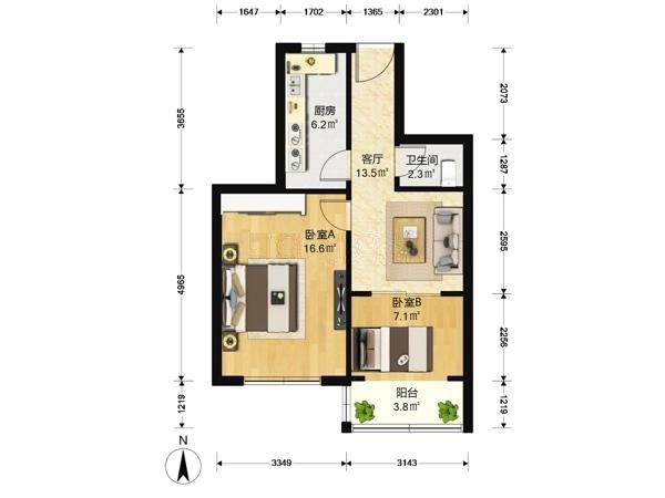 北京2室1厅1卫62㎡-枣林前街一四七号户型图-买房大师