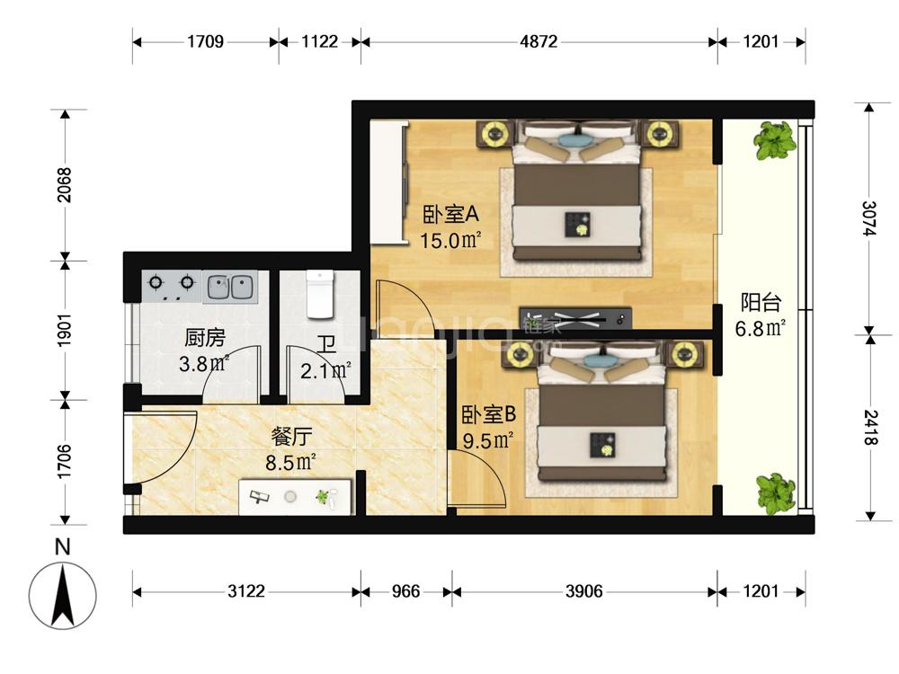 北京2室1厅1卫61-望花路西里户型图-买房大师